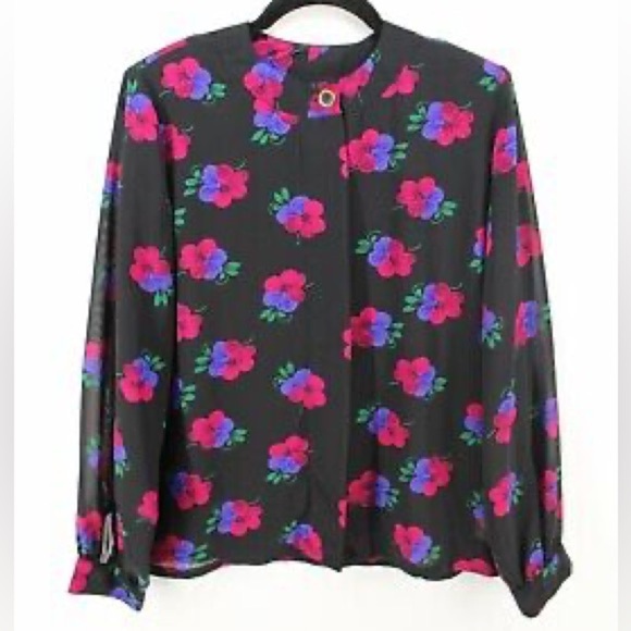 Vintage Country sophisticates by pendleton black and red floral semi sheer top - Picture 1 of 5